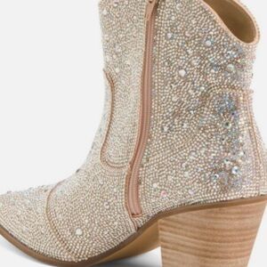 Champagne Glitter Heeled Boots with Rhinestone Embellishments